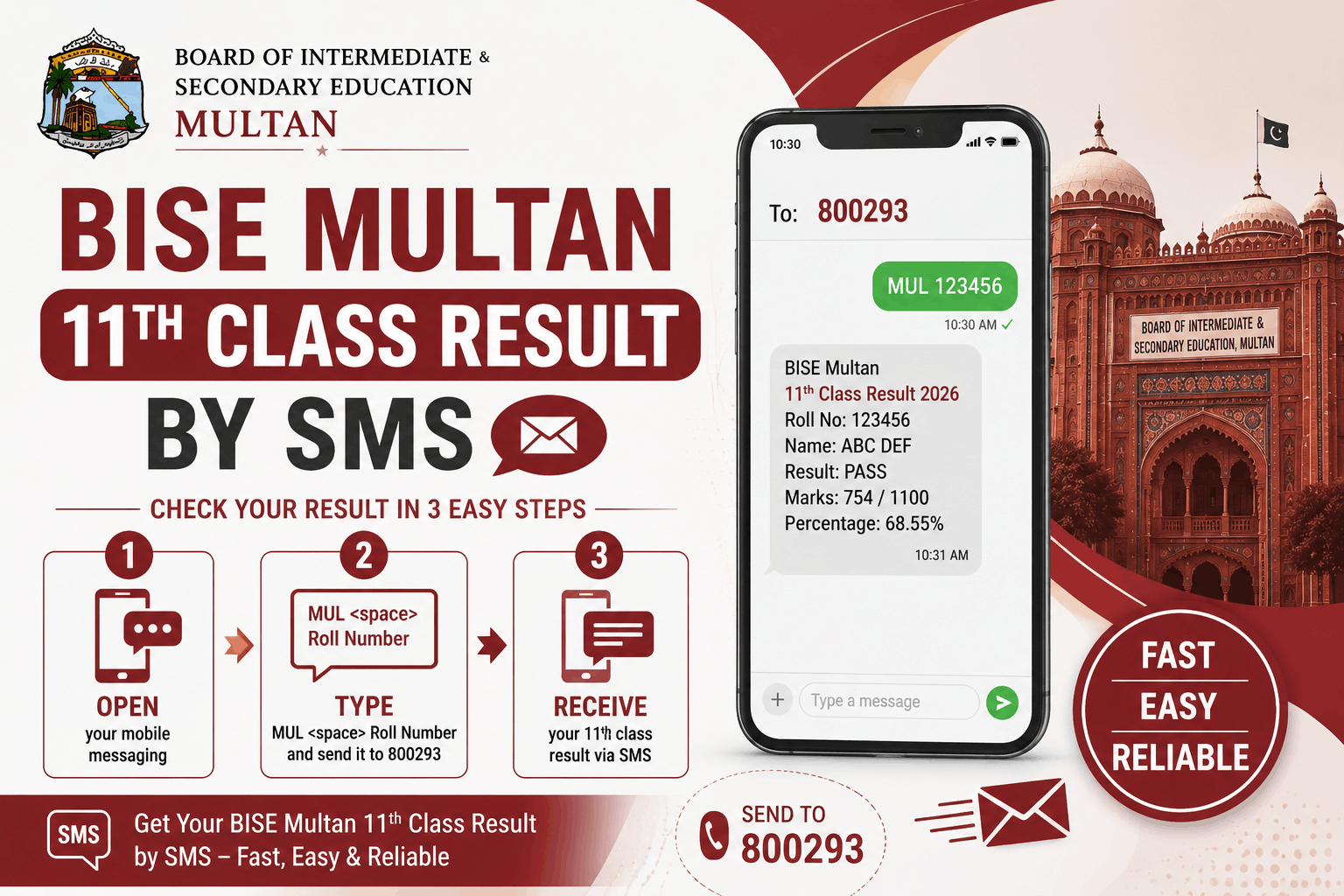 BISE Multan 11th Class Result by SMS